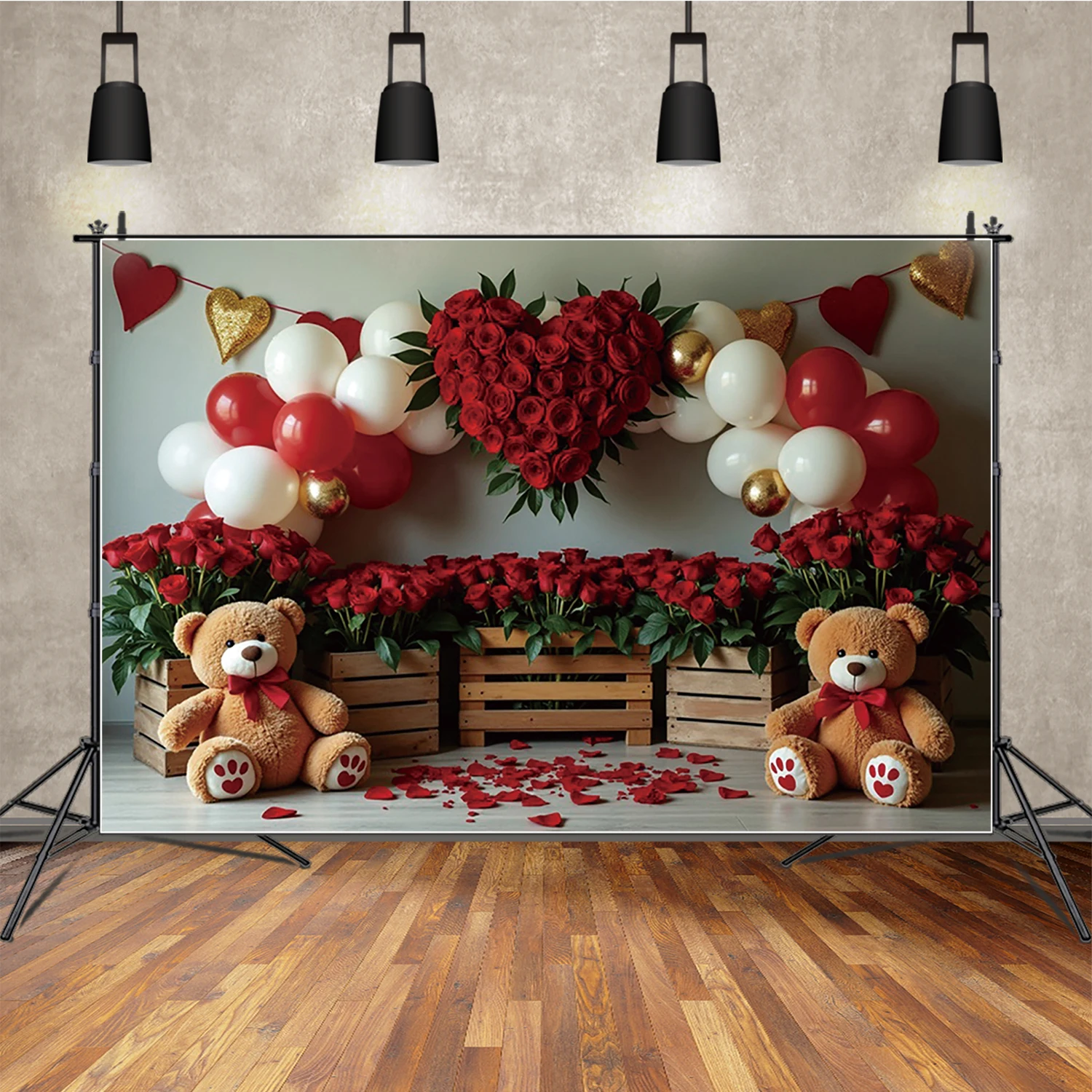 MOON.QG Valentines Day Photography Background Teddy Bear Heart Red Rose Photocall Backdrop Couple Girl Women Birthday Decoration