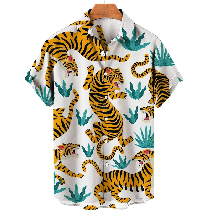 Hawaiian Animal Pattern Vintage Casual T-Shirt For Men 3D Print Leopard Tiger Short-sleeved Shirts Holiday Party Harajuku Tops