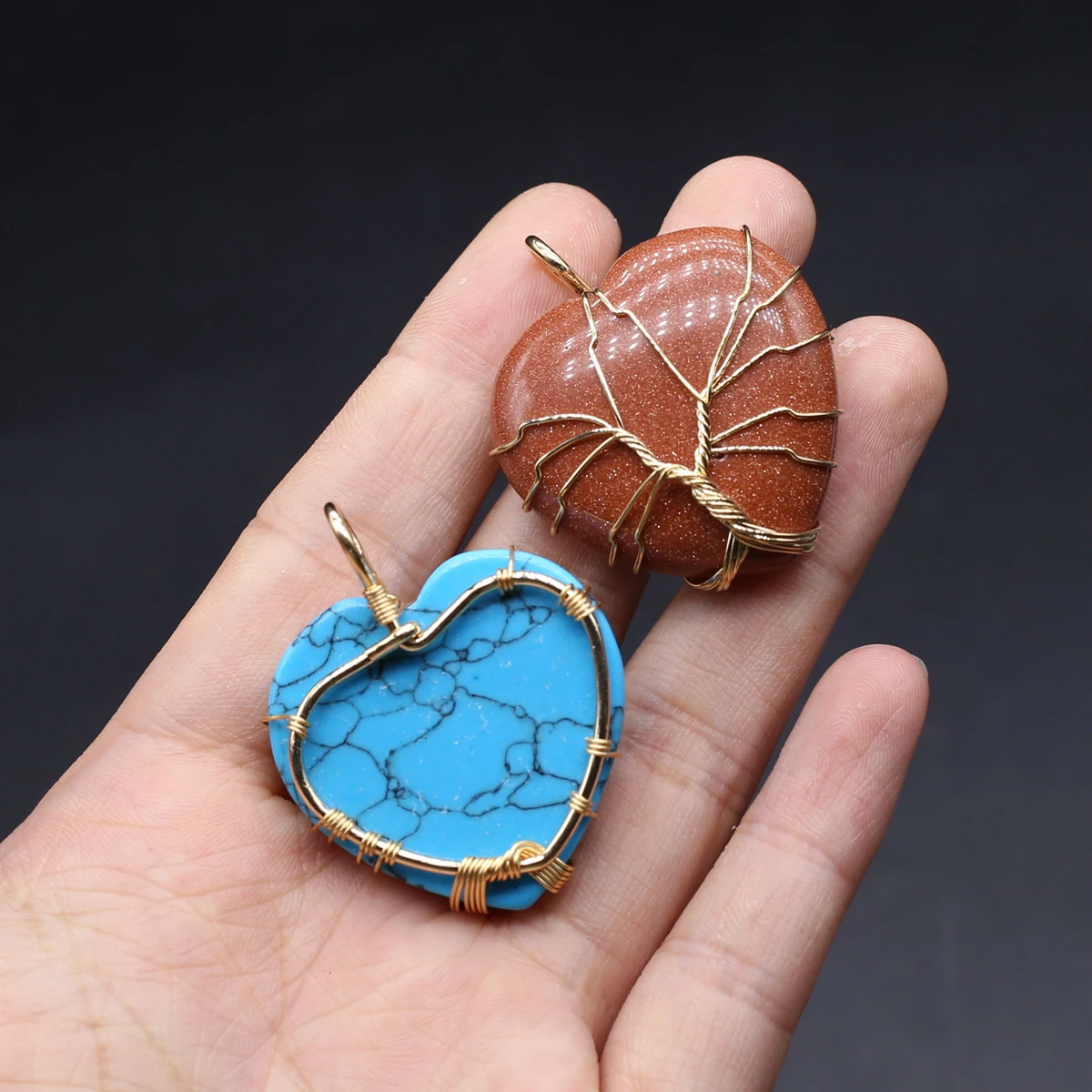 6PCS Natural Stone Heart shaped Gold Thread Wrapped Life Tree Weaving Pendant Jewelry Making DIY Necklace Accessories Gift