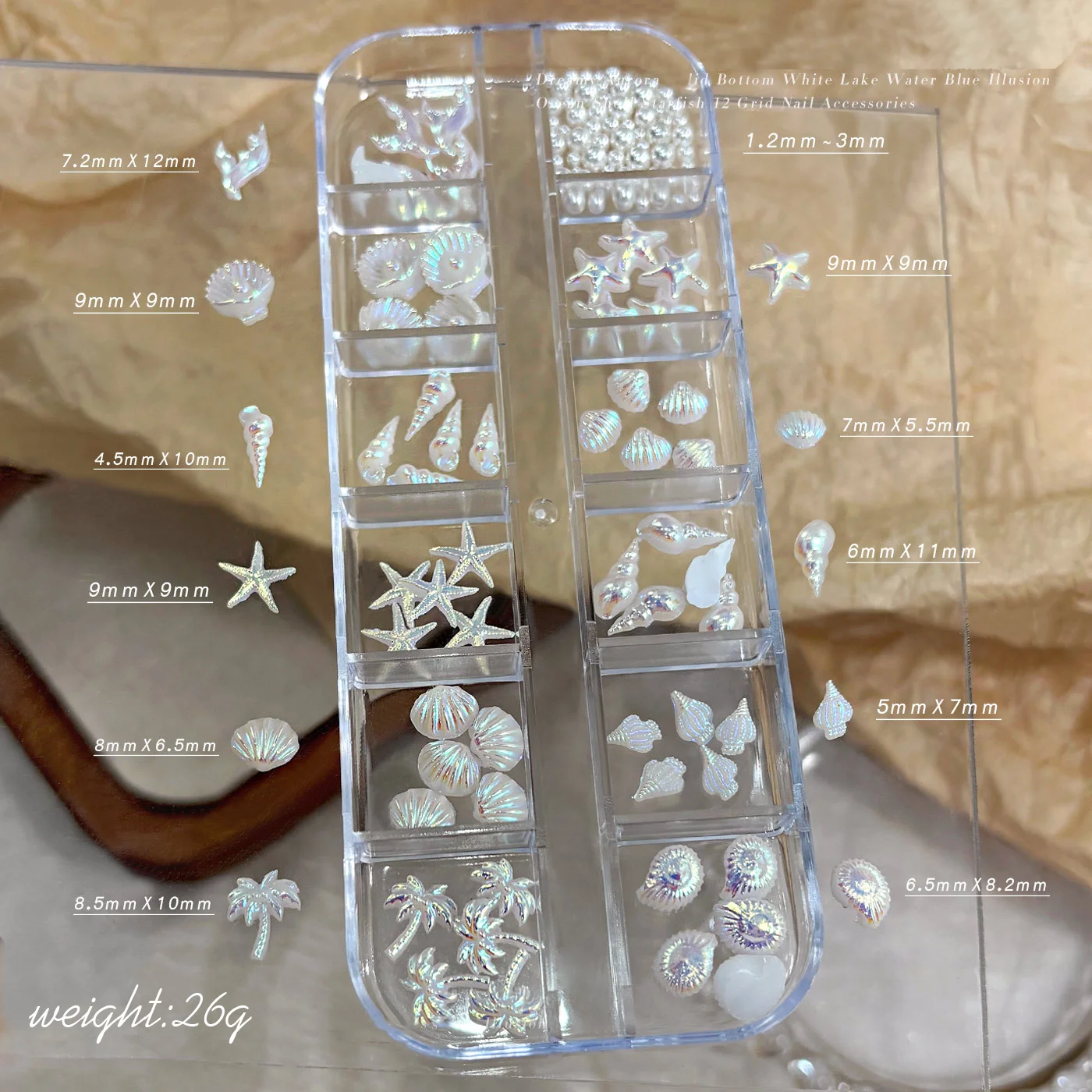12Grid 3D Aurora White Starfish Seashell Conch Nail Charms Cute Pearls/Fish Tail/ Coconut Tree Nail Rhinestone Resin Beach Nails