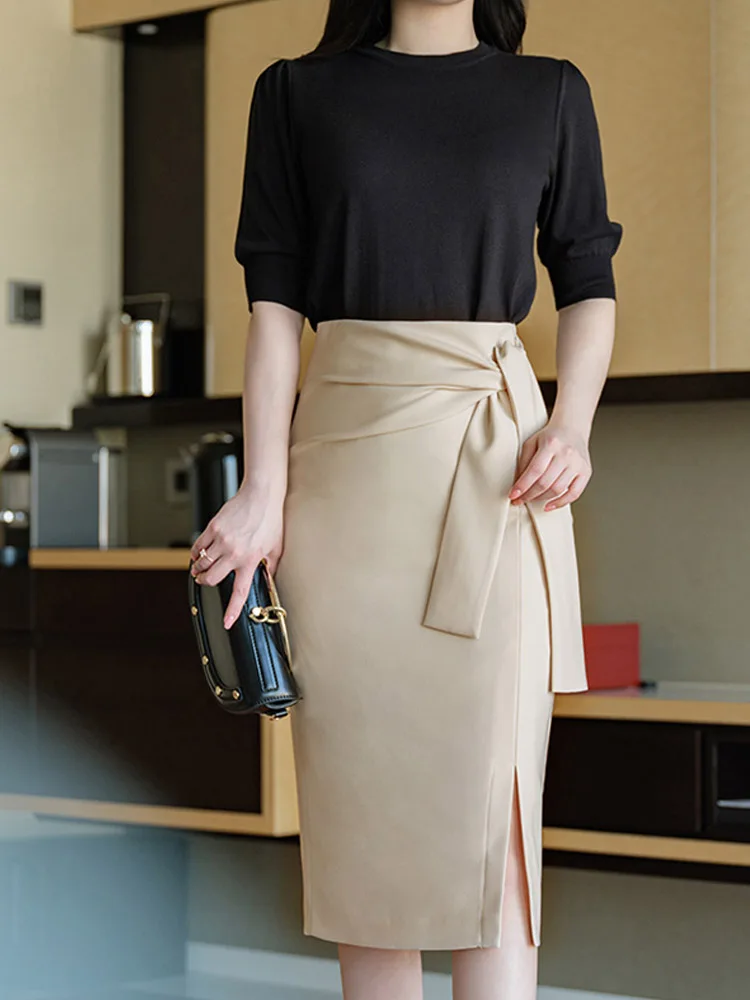 

Busin Women's Mid-Length Suit Skirt High Waist Zipper Design H-ape Long Skirts Profional OL Wrap around Skirts