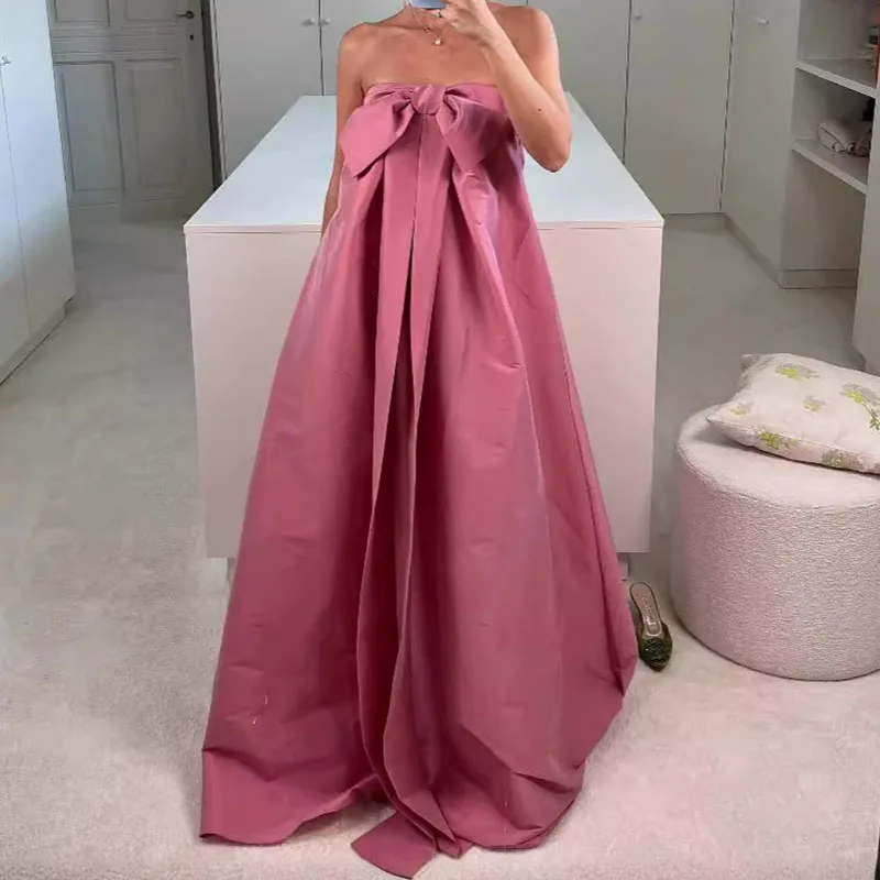 

Sexy New Solid Lady Swing Party Dress Elegant 2024 Summer Decoration Big Bow Gowns One Shoulder Women Tube Tops Evening Dress