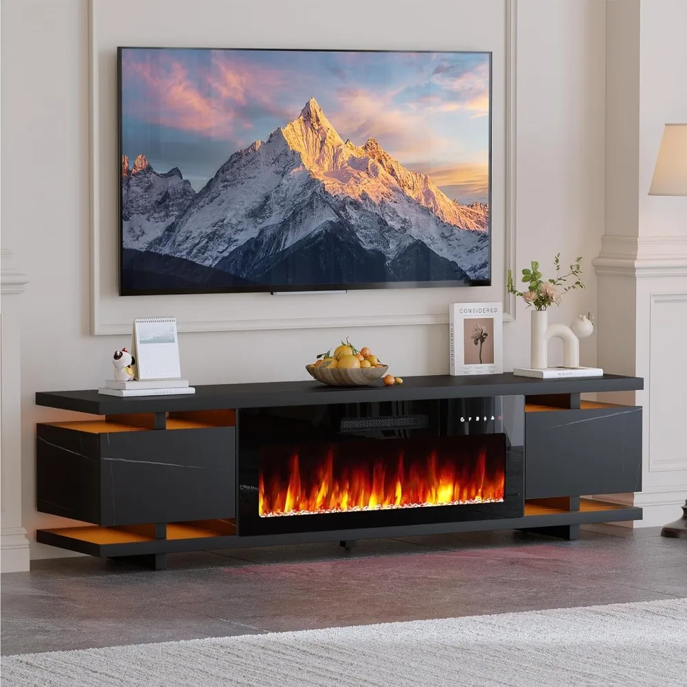 

Marble Textured Fireplace Stand Electric Fireplace, Luxury LED Entertainment Center, 2-Tier High Gloss Storage