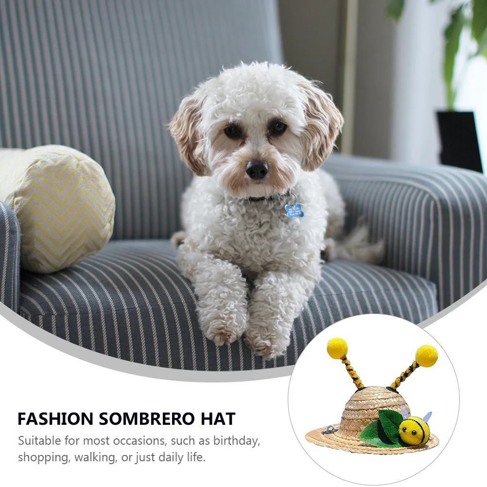 

Pet Straw Hat Natural Straw Adjustable Bee Decoration Cute Spring Summer Sun Cap Birthday Party Photo Prop Dog Cat Hat