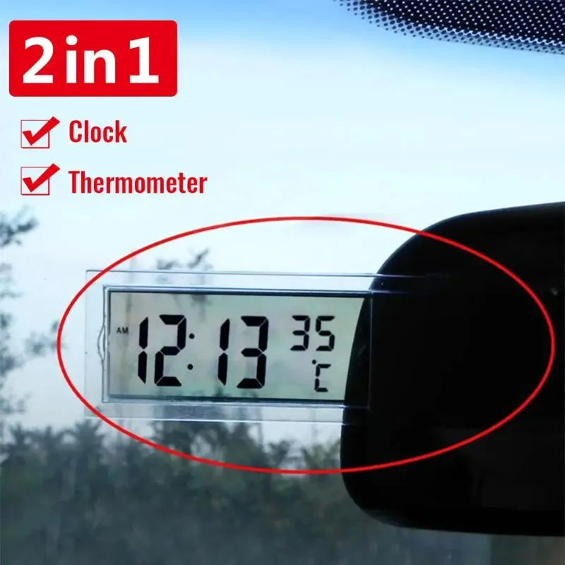 Suction Cup 2-in-1 Car Mini Transparent LCD Display Car Thermometer Electronic Watch Car Decoration Accessories Dashboard Clock