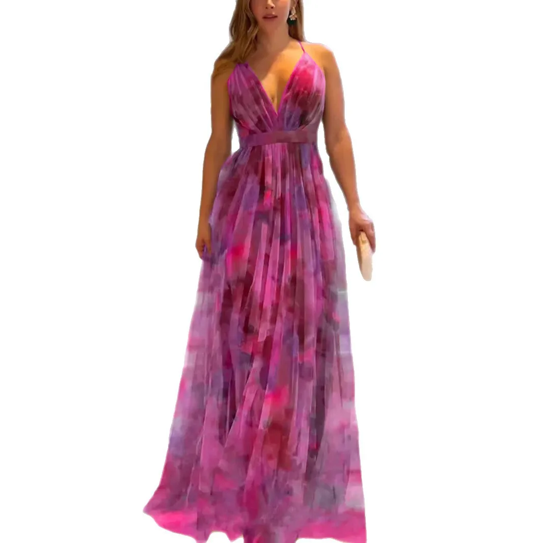 

European and American Spring and Summer New Mesh Printed Camisole Dress Ins Vacation Casual Big Swing Dress for Women