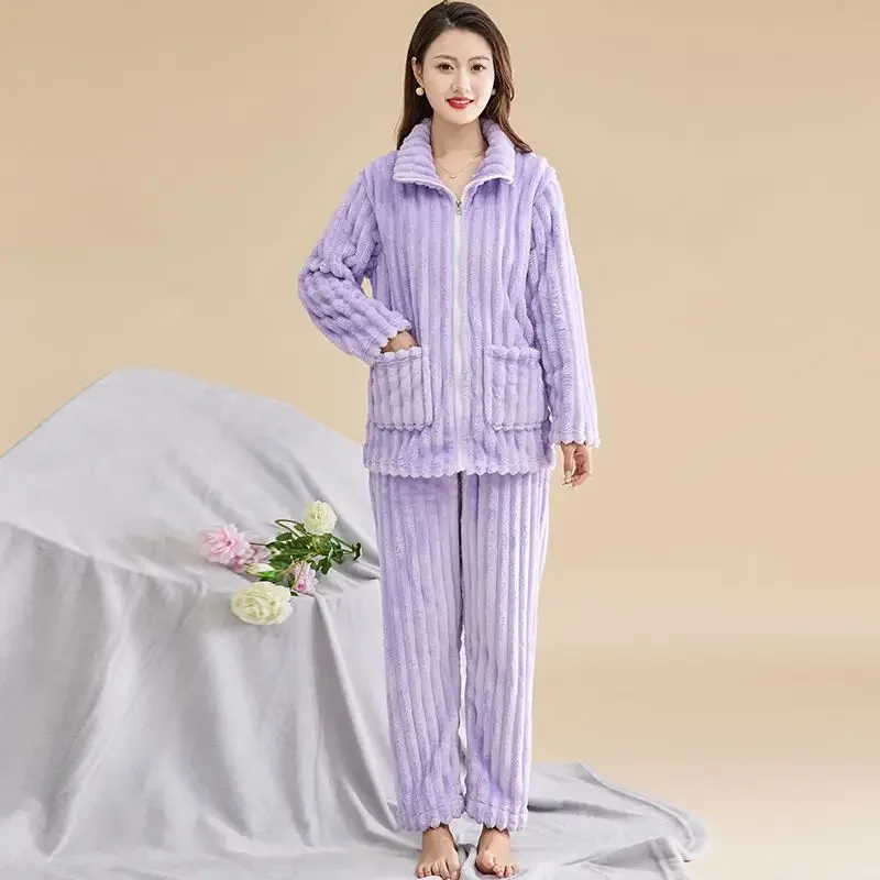 

Fine Fleece Autumn Winter Coral Fleece Loungewear Lazy Wind Zipper Thickening Warmth Can Be Worn Outside Pajama Women Flannel