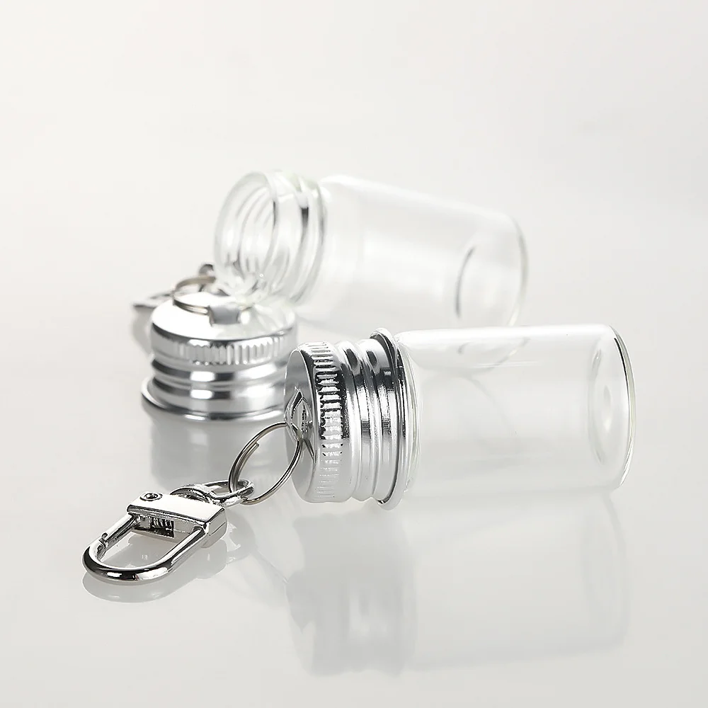 10ml Storage Bottle with Love Keychain Mini Transparent Glass Bottles Aluminium Cap Empty Jars Liquid Containers Dispenser Decor