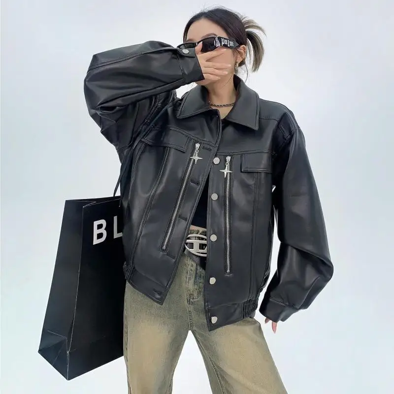 Tawaaiw American Retro Pu Leather Jacket Women Zipper Turn-down Collar Black Streetwear Autumn Winter Loose Outerwear Coats Chic