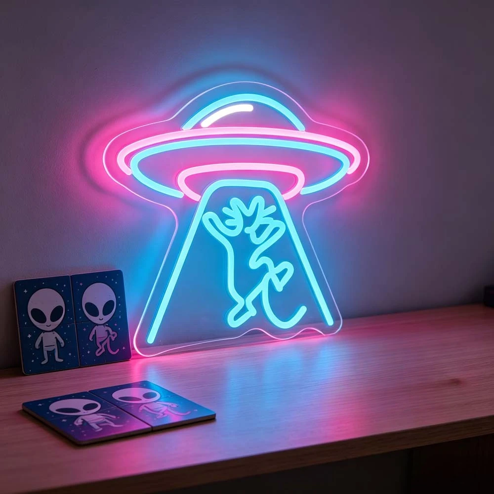 UFO Neon Sign LED Alien Abduction Sci Fi USB Reusable Aesthetic Night Light for Kids Room Game Room Bedroom Decor Setup