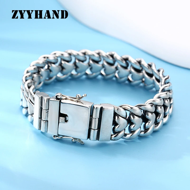 S925 Sterling Silver Tank Style Bracelet Heart Old Process Hip Hop Punk Fine Jewelry FYBT084