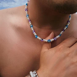 KunJoe  Bohemian Colorful Evil Eyes Beaded Chokers Necklaces For Men Women Ounk Imitation Pearl Clavicle Chain Necklace Y2K