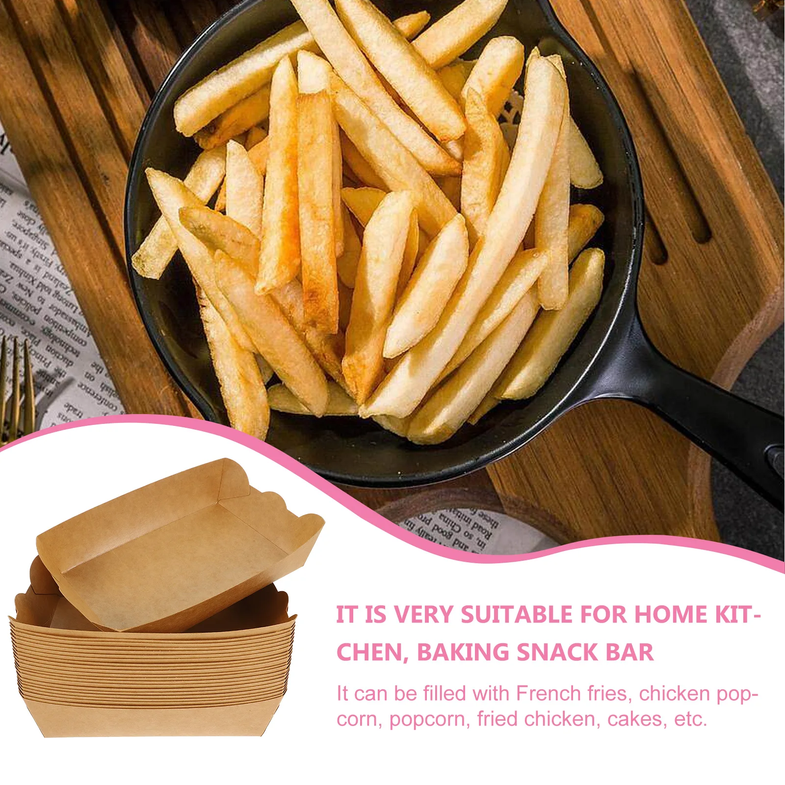 

100pcs Anti Oil Boat Boxes 350g Kraft Paper Food Containers for French Fries Chicken Popcorn Microwavable Disposable Picnic