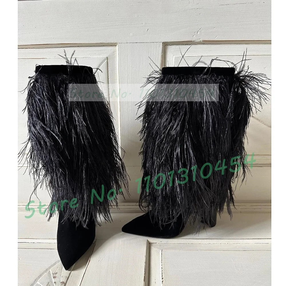 Black Feather Pointy Mid Calf Boots Women Sexy High Heels Flock Flowing Party Shoes Ladies Chic Slip On Newest Fahion Boots