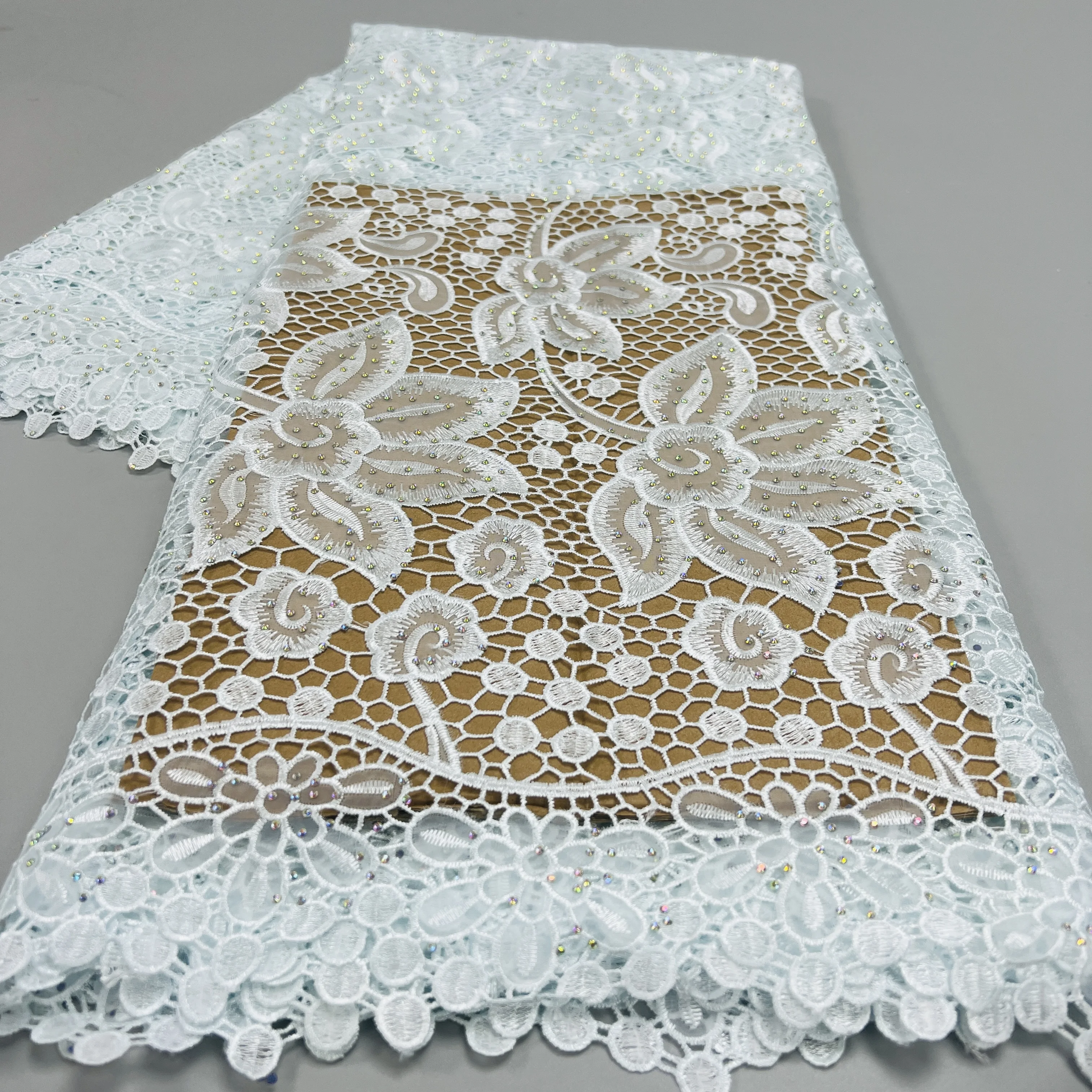 Dubai Swiss Lace Fabric 2024 High Quality White Cord Lace Fabric 5 Yards Stones Embroidered Fabrics ,Guipure Lace Fabric, A467-1