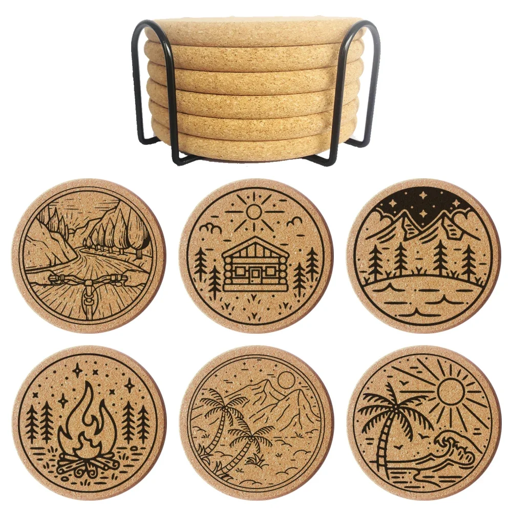 Fashion Round Drink Cork Coaster 0.8cm Thicken Engraved Rural Road Tea Coffee Mug Holder for Kitchen Mat Tableware