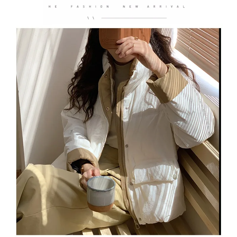 Weet 대비 색상 긴 소매 다운 재킷 따뜻하고 두꺼운 여성 캐주얼 겨울 코튼 재킷 2024 가을