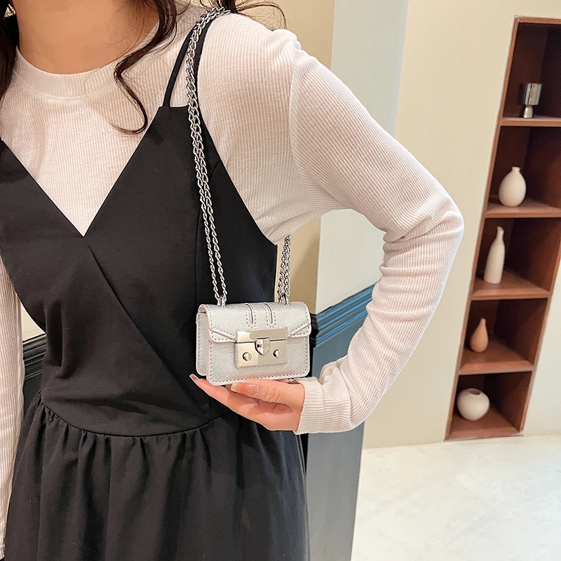 LEFTSIDE Super Mini Silver Chain Leather Crossbody Bags for Women 2023 New In Trend Design Y2k Phone Handbags and Purses