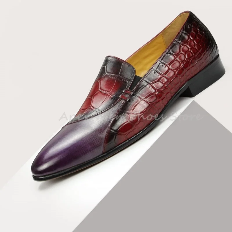 

Gradient Red Purple Patent Leather Loafers Slip On Business Formal Dress Shoes Crocodile Pattern Wedding Party Men's Shoes