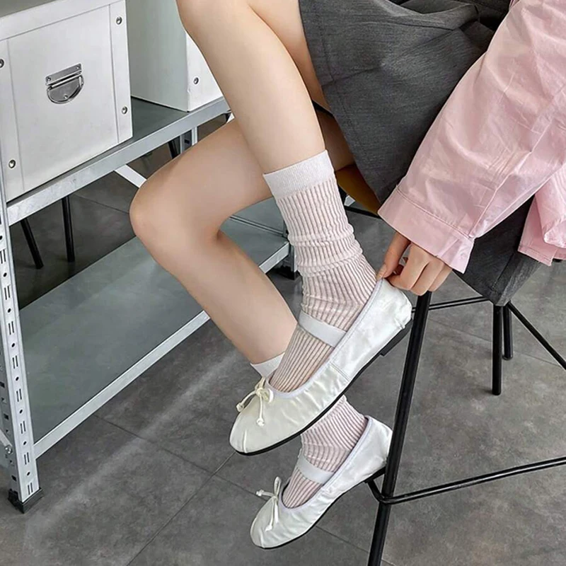 1/4 par de calcetines de pierna media a pequeña para mujer, calcetines hasta la rodilla, calcetines negros, blancos, grises, calcetines apilados transparentes de estilo dulce fino de verano