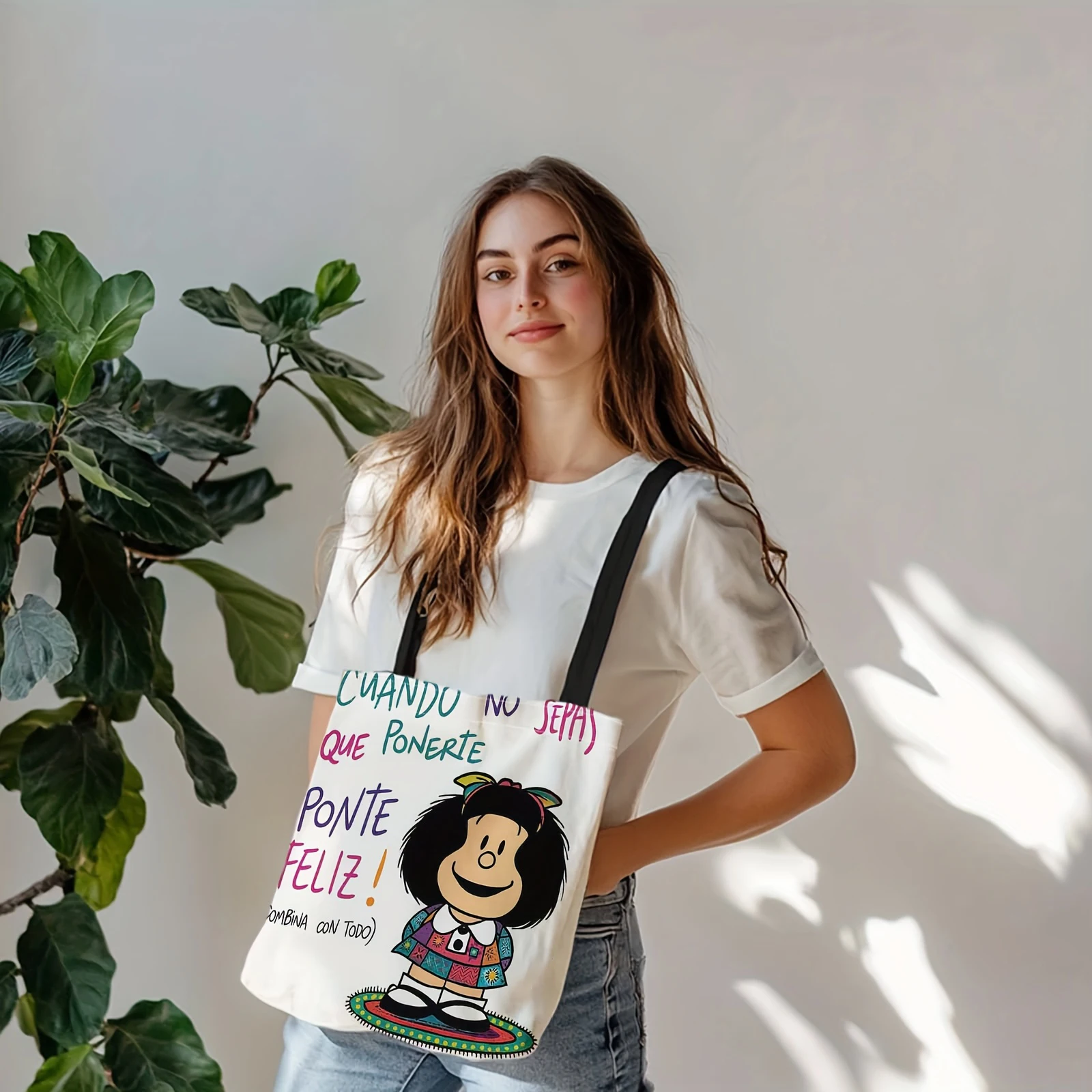 1pc Carton Print Canvas Tote Bag Women Lightweight Reusable Shoulder Bag Large Capacity Tote Bag for Student Shopping & Travel image 4