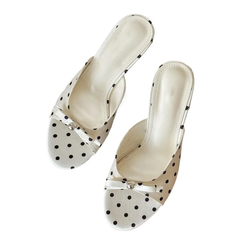 Woman Slippers Elegant Stripper Thin Heels Ladies Mules Slides Shoes Zapatos De Mujer 2026 New Summer Polka Dot Open Toe
