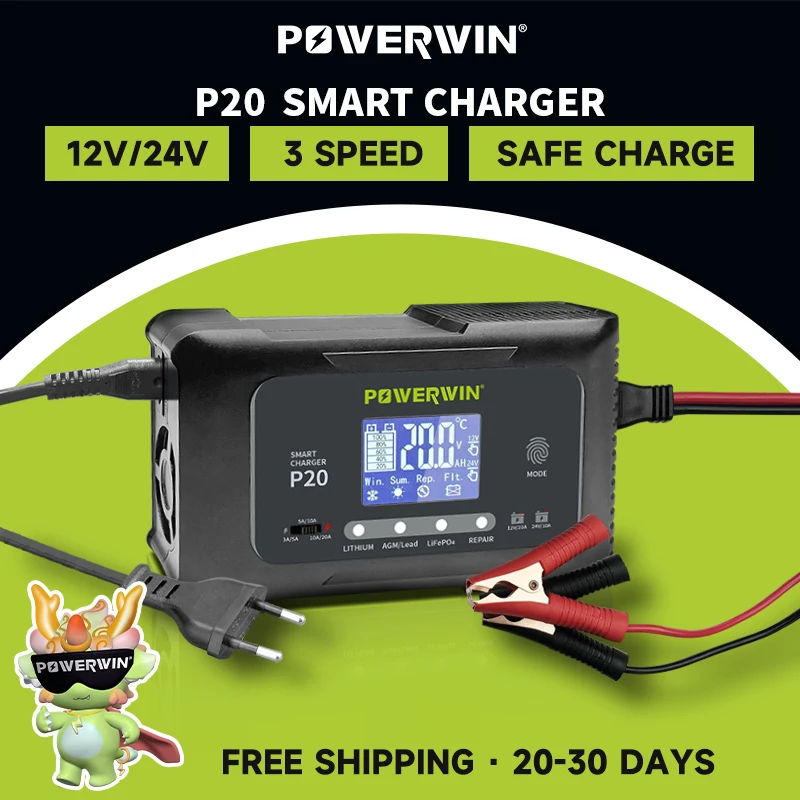 

POWERWIN P20 20A 12V20A 24V10A Battery Smart Charger Automatic Pulse Repair LCD For LiFePO4 AGM Lead-Acid Lithium BT100 BT200