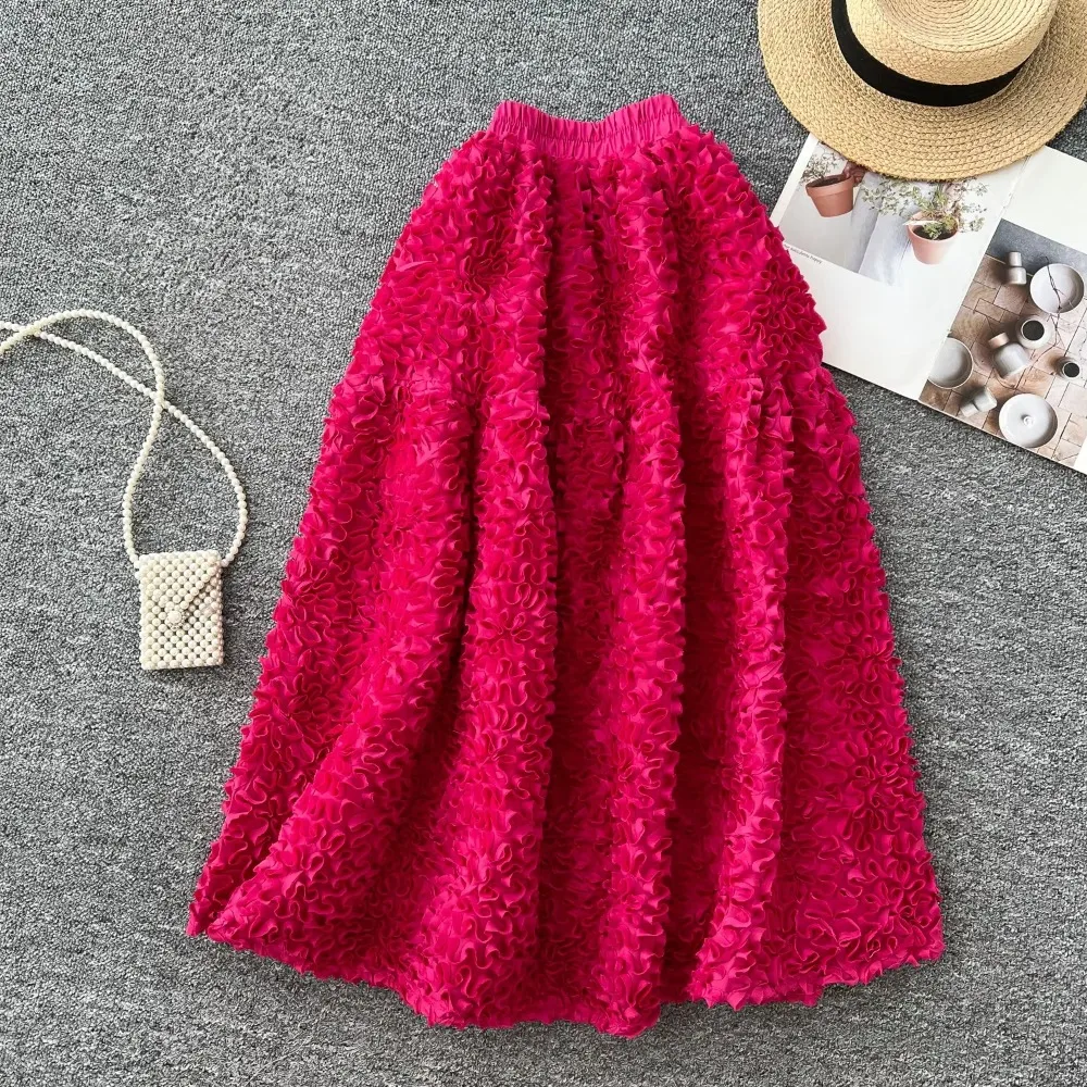 Chic Three-dimensional Floral Border Vintage Casual Elastic High Waist Fairy A-line Long Skirt French High Street Women Clothing