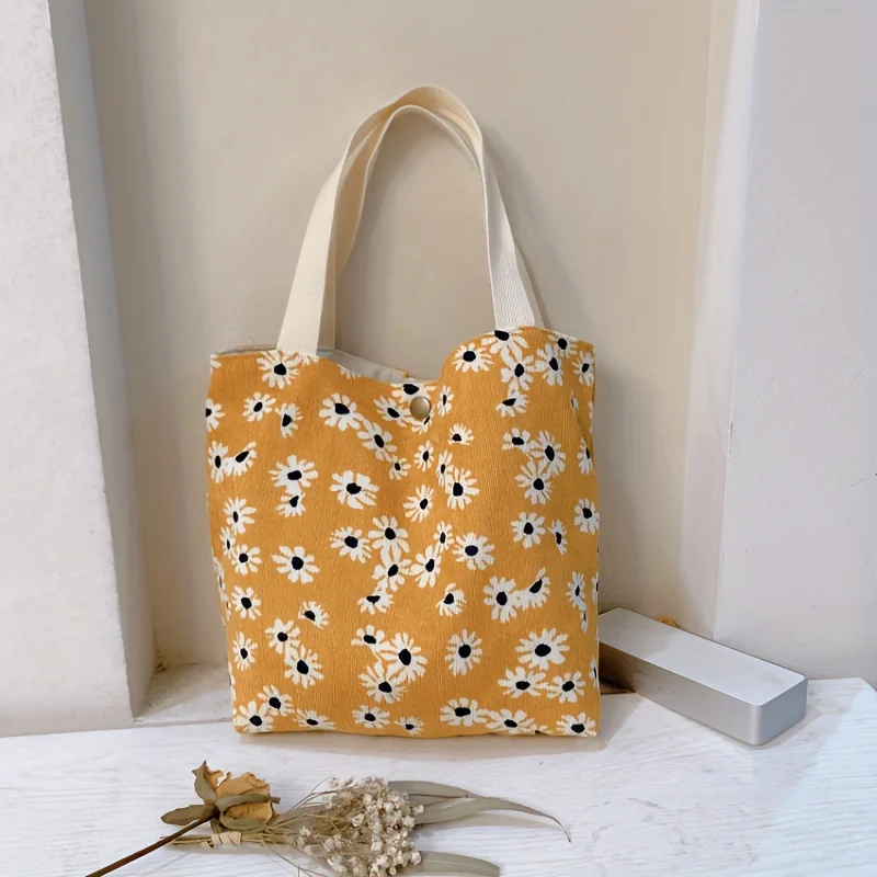 Damen- und Mädchen-Arbeitstasche aus Cord, Alltagstasche mit kleinen grünen Blumen, blaue Gänseblümchen aus Cord, tragbare rote Rosen-Tasche aus Cord – Detail 7