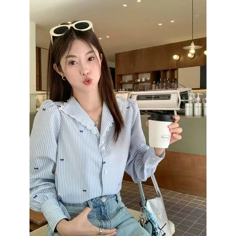 

Design French Blue Long Sleeve Blouse Women Spring Loose Fit Slimming Top
