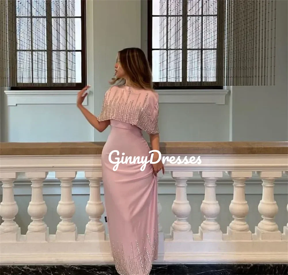 

Wedding Party Dress Customize Column Scoop Neckline Elegant Dresses For Women Ankle-Length Beaded Satin Dresses For Prom Zipper