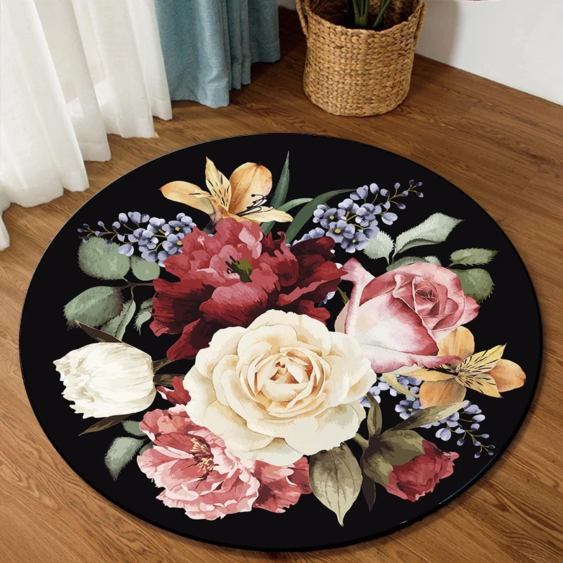 

Rose Round Carpet Romantic Floral Floor Mat Anti-Slip Area Rug for Bathroom Entrance Doormat Dining Room Study Living Room Decor