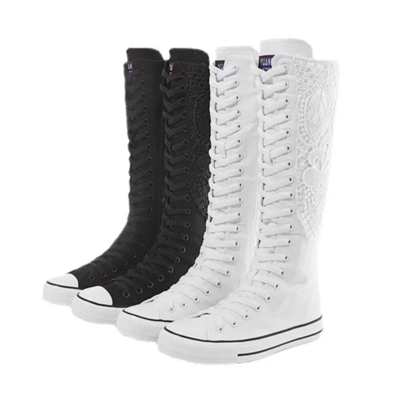 

Women's Knee High Canvas Boots Flower Embroidery White Lace Up Casual Sneakers Flat Platform Shoes for Women Fashion Woman Shoes