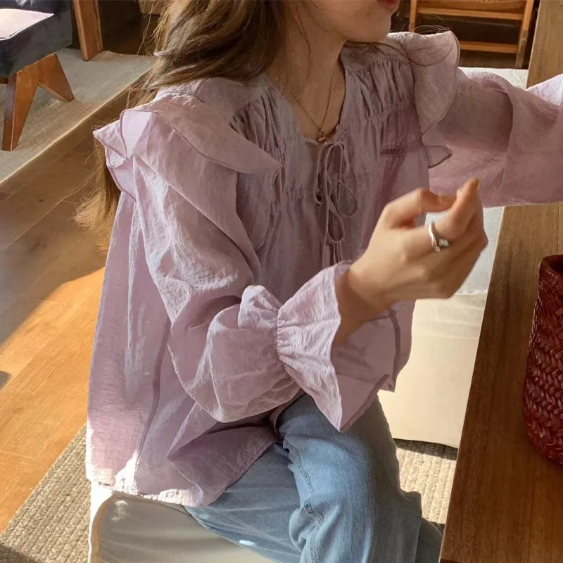 Women's New V Neck Front Tie Ruffle Shoulder Flare Long Sleeve Loose Lightweight Breathable Versatile Commute Daily Blouse Shirt