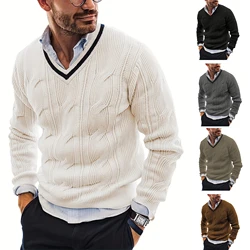 All Match Knitted Sweater, Men's Casual Vintage Warm High Stretch V Neck Pullover Sweater For Fall Winter Preppy