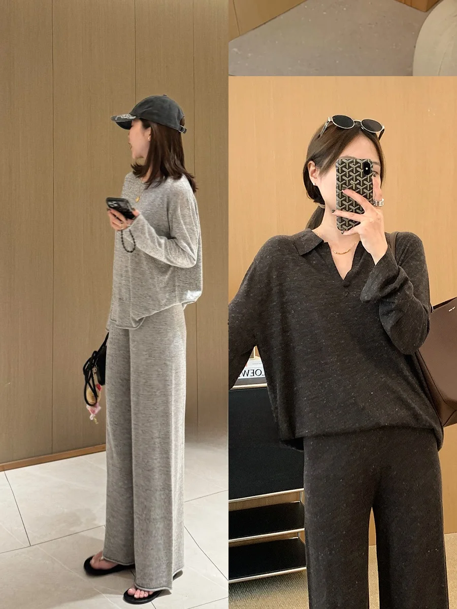 

Комплект из вязаного шерстяного льняного трикотажа Lu: свободный топ с длинными рукавами и широкие брюки — комплект из двух предметов для женщин, осенняя коллекция