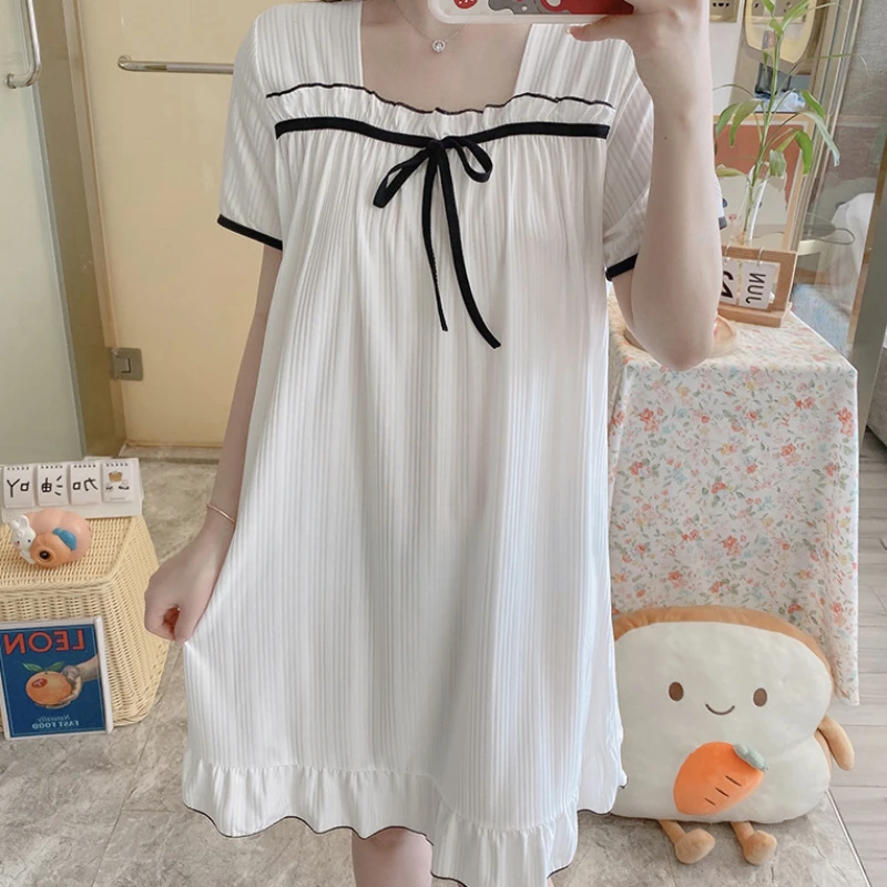 

Лето 2025 г., ночная рубашка с короткими рукавами, свободная одежда для сна для женщин, простая и длинная милая домашняя одежда для женщин больших размеров