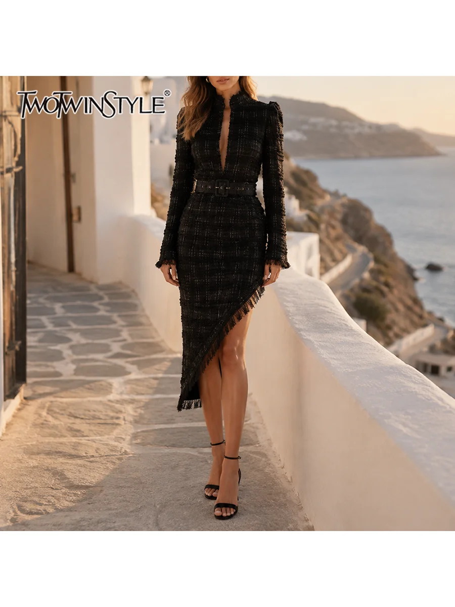 TWOTWINSTYLE Distress Spliced Belt Slim Dress for Women Stand Collar Long Sleeve Patchwork Tassel Asymmetric Hem Dresses Female