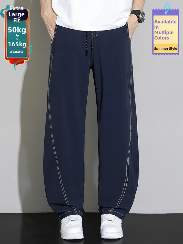 

plus Size Ice Silk Casual Pants Men Summer Thin Loose Faionable Straight Leg Pants Breathable Comfortable High Waist Long T...
