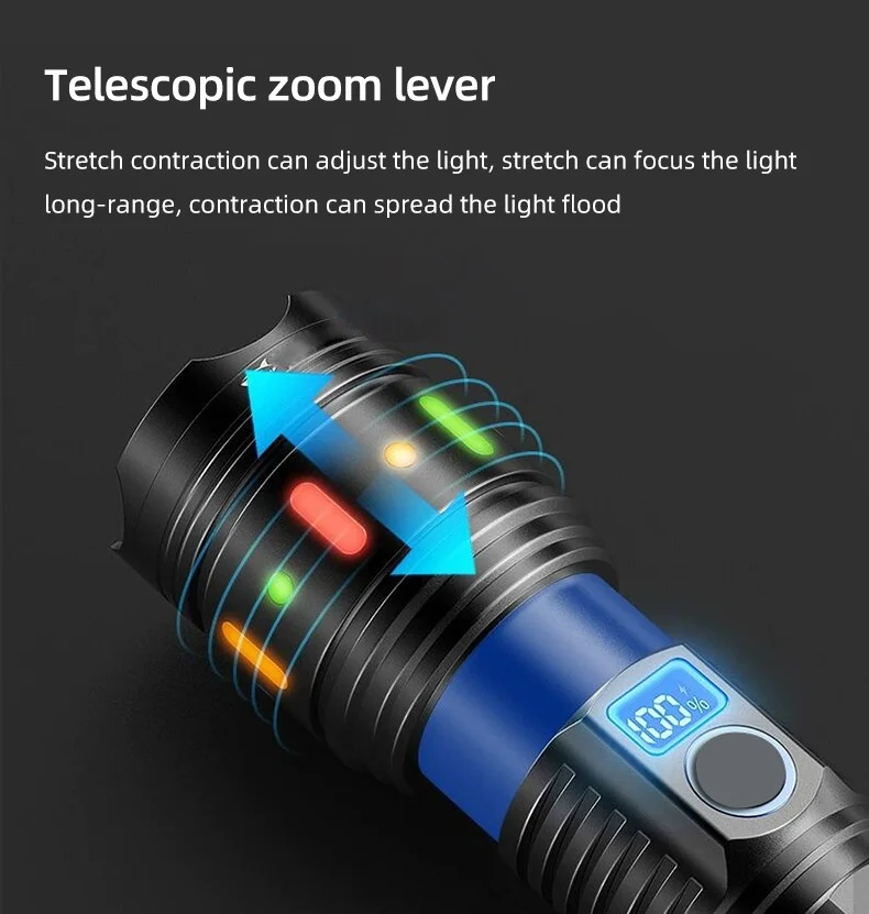 Ultra Powerful LED Flashlight Super Bright Long Range Tactical Zoom Emergency Torch Camping Lantern WIth Power Display Function