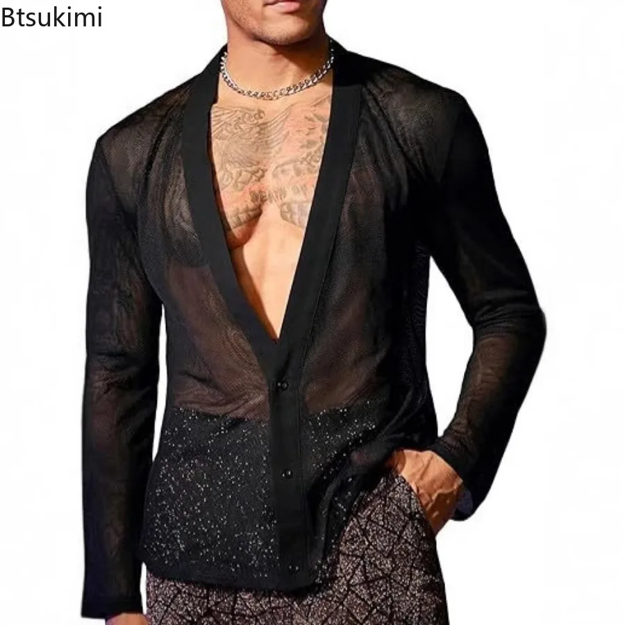 

2025 Sexy Mesh Shirts Men's Fashion Deep V See Through Transparent Loose Hollow Out T-shirt Men Long Sleeve Muscle Cardigan Tops