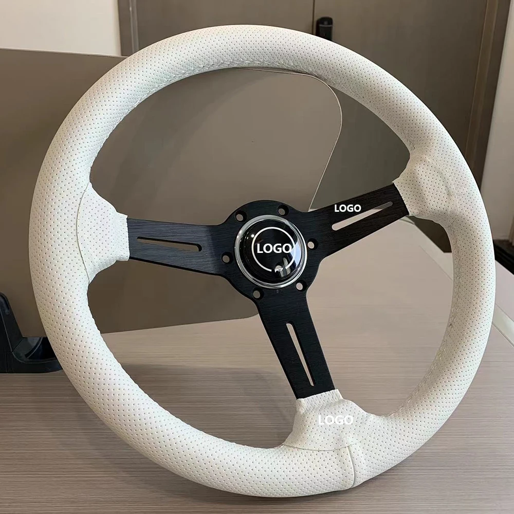 

Tiypeor 14inch 350mm White Perforated Leather Steering Wheel Universal Racing Drifting Steering Wheel Black Spoke