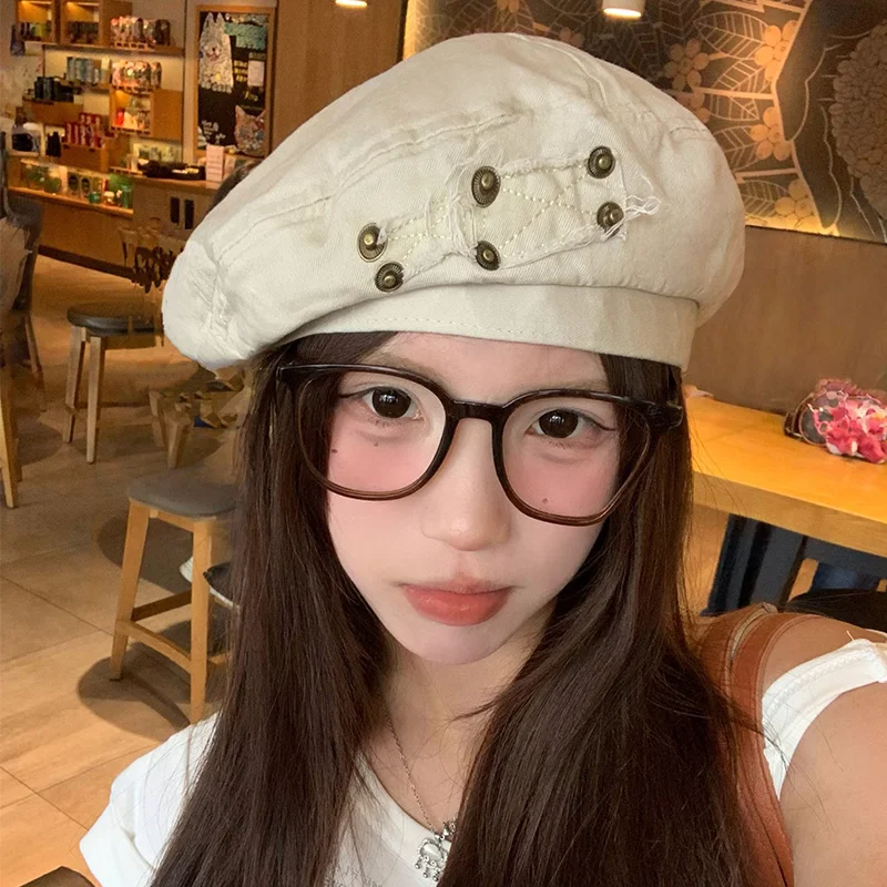 

Japanese Retro Washed Denim Beret Women's Spring Summer Niche Literary Fashion Versatile Pocket Buttons Decorative Painter Hat