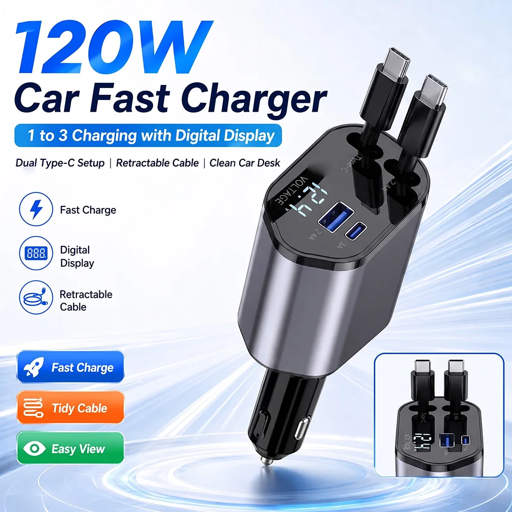 3 in 1 120W Car Charger Retractable Car Cigarette Lighter Adapter USB Type C to Type C Fast Charger Cable For iPhone Samsung
