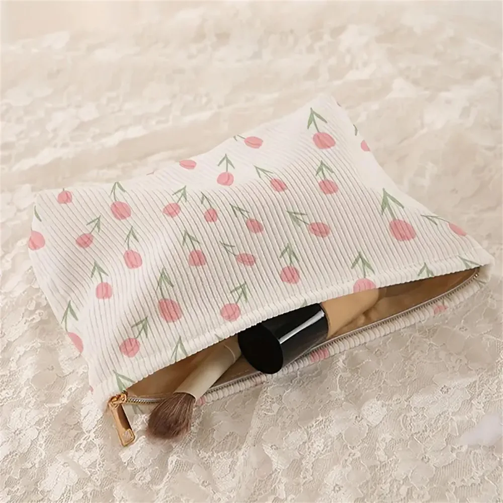 Cute Tulip Cosmetic Bag Gilrs Corduroy Zipper Makeup Organizer Toiletries Storage Pouch Gift Women Travel Portable Make Up Case