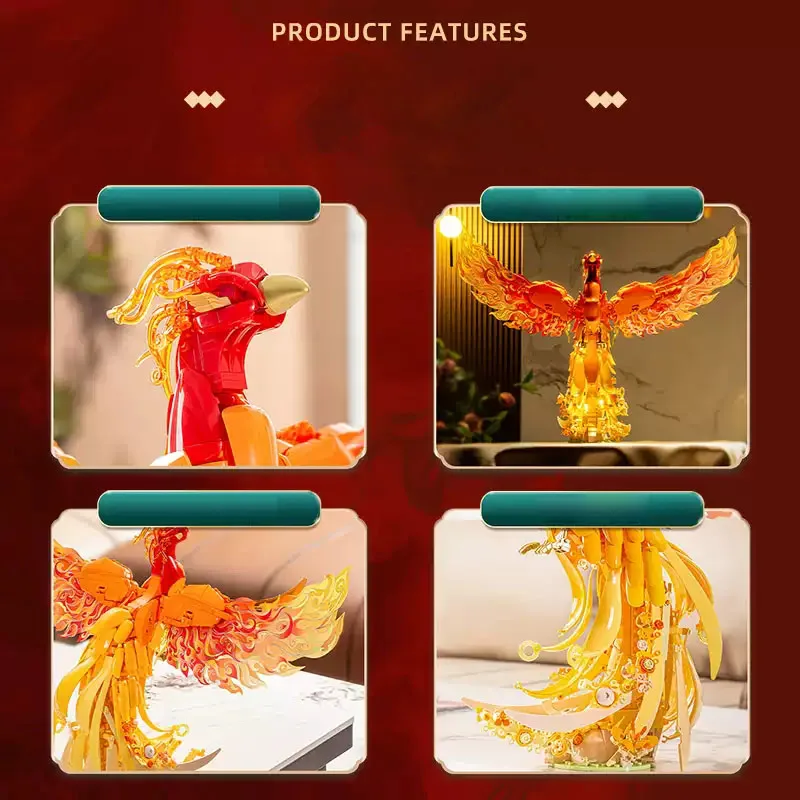 iDEA حيوانات الوحش الأسطوري زهرة النار فينيكس بنة التجمع نموذج لعبة الطوب مع مجموعة الضوء لهدايا الأطفال