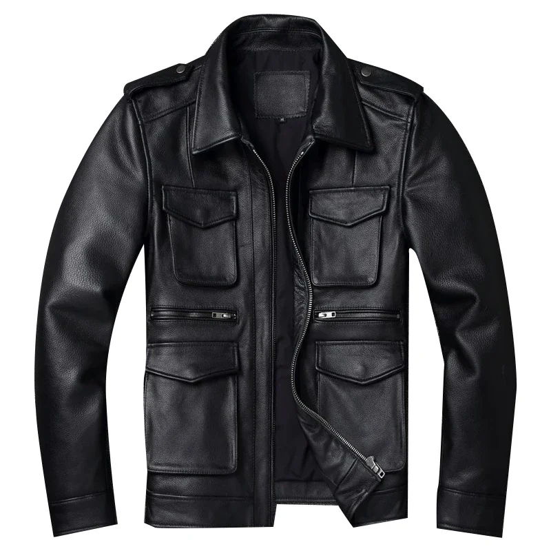 Men's Classic Pure Cowhide Multi-pocket Winter Motorcycle Style Plus Size Leather Jacket