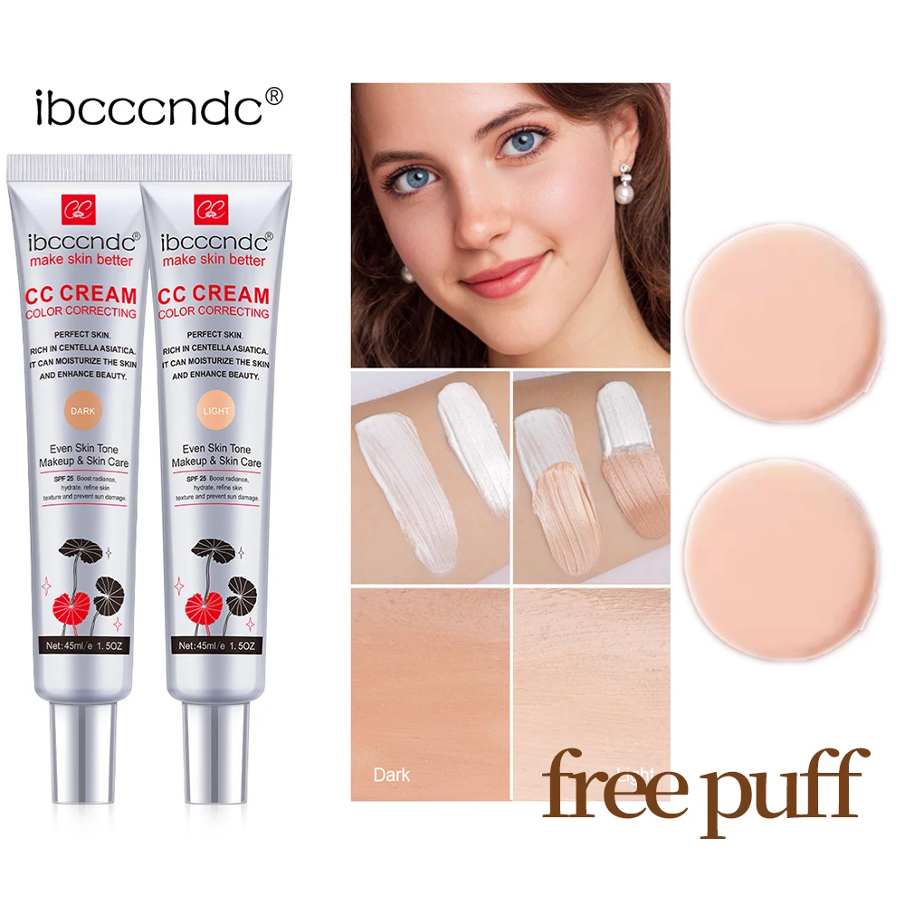 Crema CC y Borla Gratis 45ml, Corrector de Color, Crema BB Reparadora con Centella Asiática, Corrector, Base Líquida Blanqueadora, Cosméticos