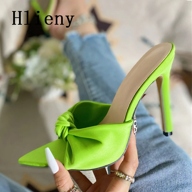 Hlieny 2024 New Summer Slippers Design Women Cozy Pleated Leather Thin High Heels Sandals Sexy Pointed Toe Slides Party Shoes