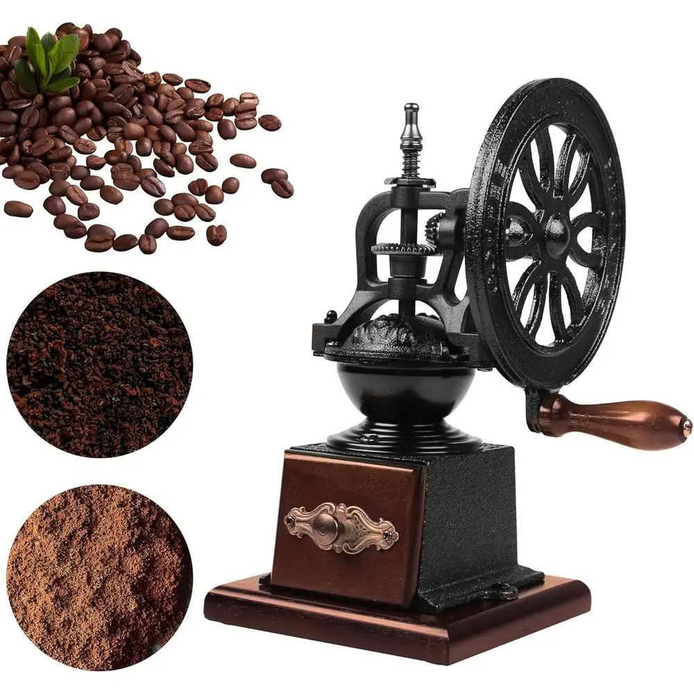 

Кофемолка винтажная чугунная, с деревянной ручкой, сердцевина из углеродистой стали, 10.63x5.71 дюймов, черно-коричневая